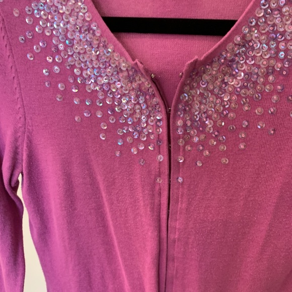 Elegant Sequin Magenta Knit Cardigan w/ Front Hook Closure - Picture 3 of 11